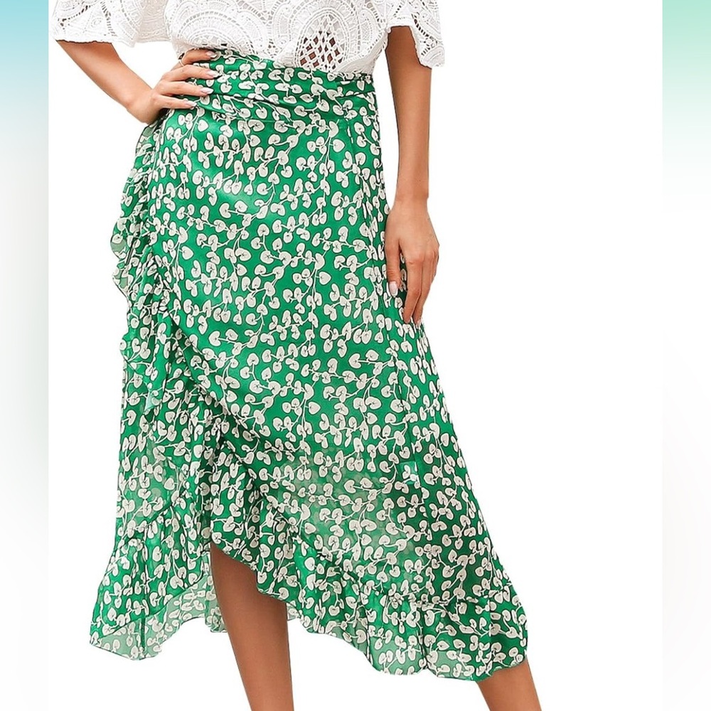 Ruffle Floral Print Wrap Midi Skirt with slit